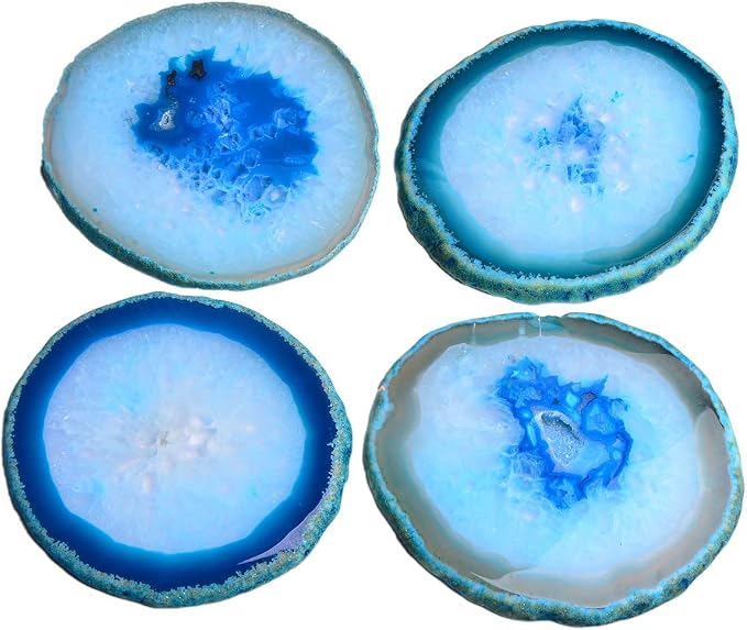 AMOYSTONE 4pcs Agate Gemstone Coasters Cup Holders Drinks Stone Mat Light Blue 4-5" with Rubber Bumper