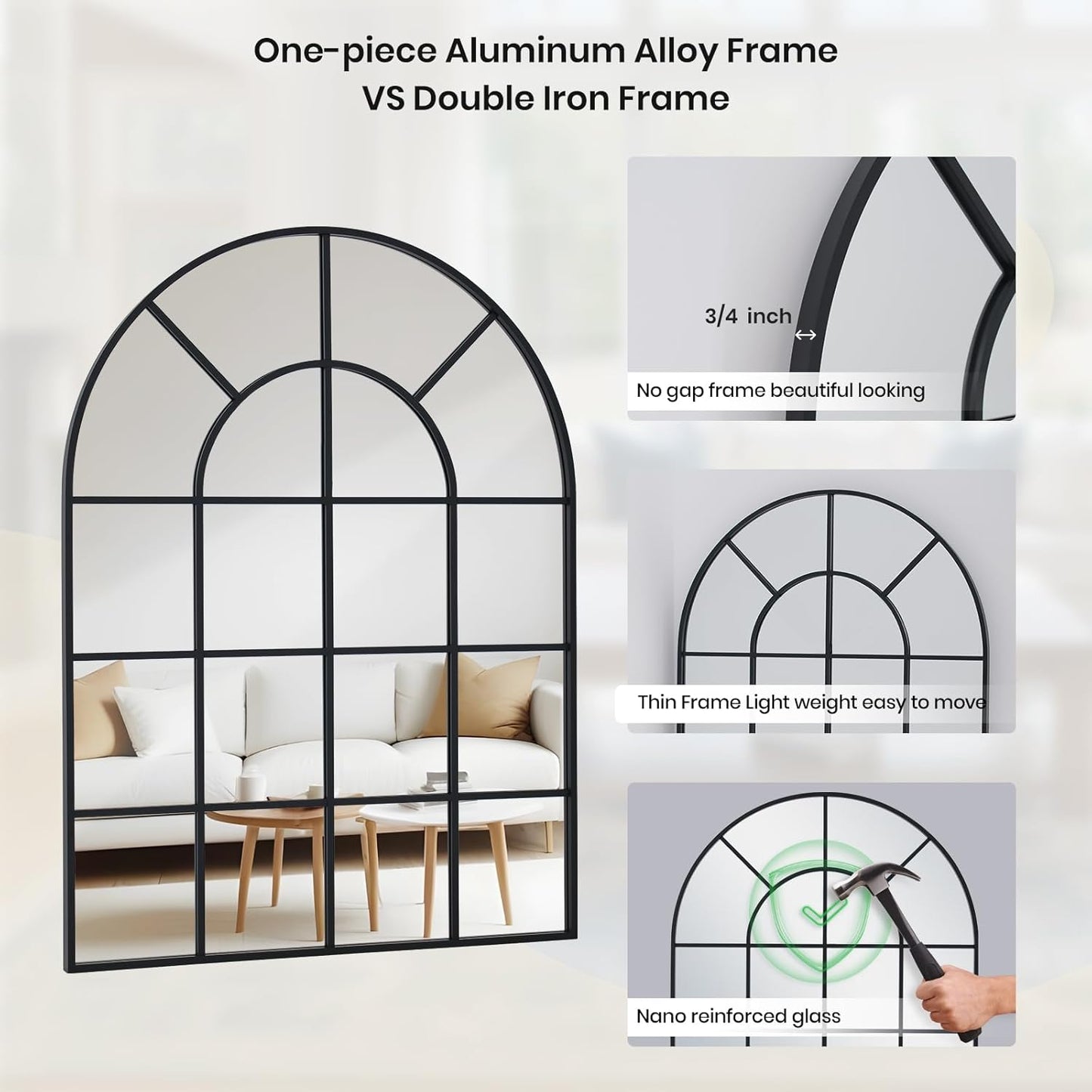 Arched Windowpane Wall Mirror 30"x48" Black Wall Mounted Art Pane Mirror Farmhouse Decorative Mirror Leaning Hanging Wall Mirror for Bedroom Living Room Entrance Hallway Wall Decor