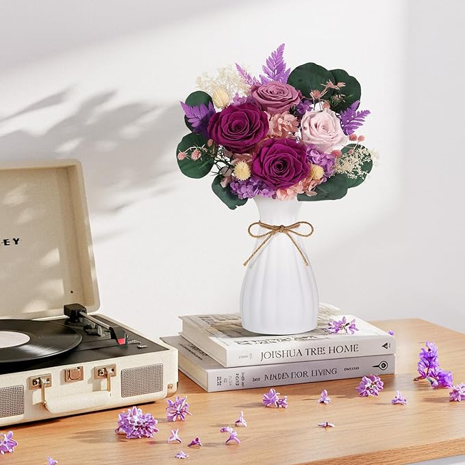 Preserved Flowers Bouquet 4 Roses with Vase,Flowers for Delivery Prime That Last 3-5 Years Real Forever Flowers Rose Bouquet for Mom Mother Women Wife Friends Birthday Mother's Day