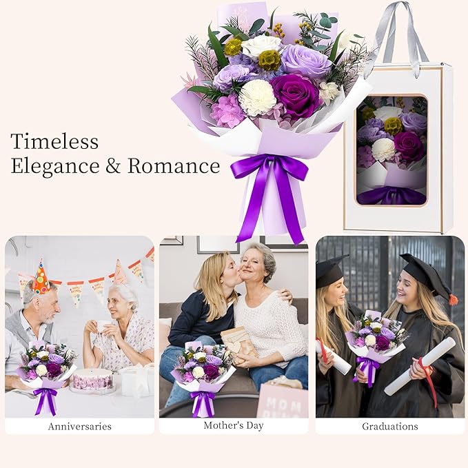 FNCHAI Forever Flowers Bouquet, Real Preserved Roses in Box for Delivery, Perfect for Valentine's Day, Anniversary, Graduation, Birthday Gift for Her or Him (purple)