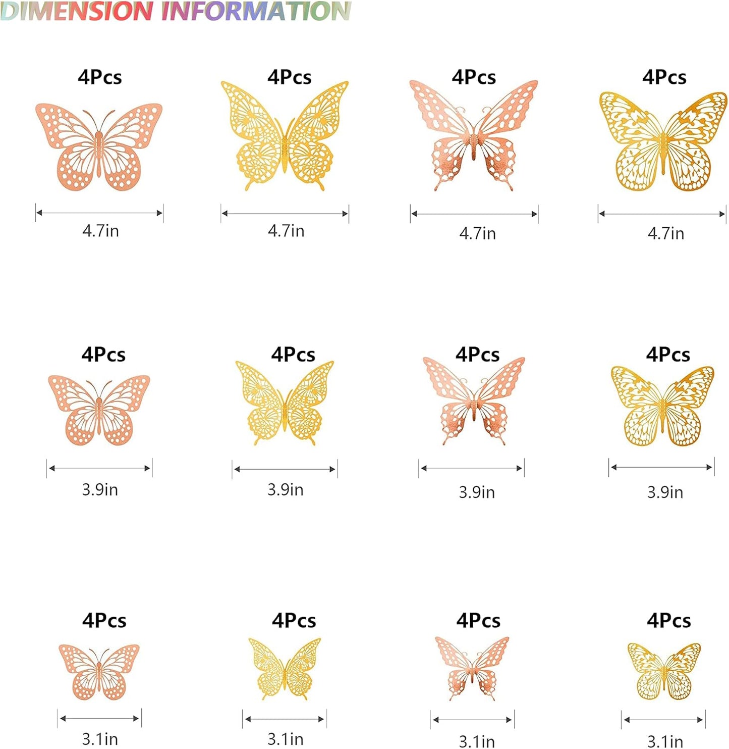 SAOROPEB 3D Butterfly Wall Decor, 48 Pcs 4 Styles 2 Color 3 Sizes, Removable Metallic Wall Sticker Room Mural Decals for Kids Bedroom Nursery Classroom Party Decoration (2 Color)