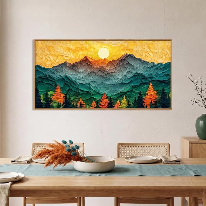 Abstract Boho Mountain Framed Canvas Wall Art Set,Golden Teal Pine Tree Sunset Wall Decor,Papercraft Sun Forest Landscape Art Print for Living Room,Bedroom,Dining Room,Office20 x40
