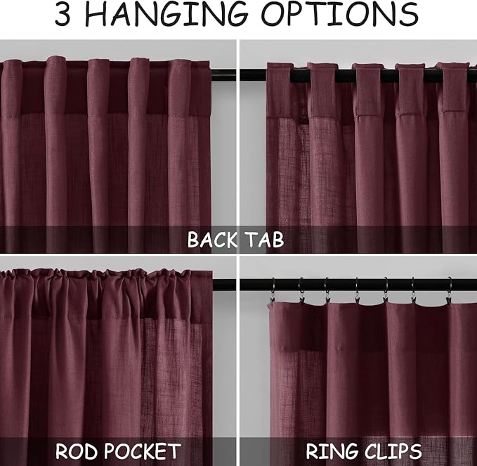 Nanspring Burgundy Linen Curtains 132 Inch Length for Living Room Light Filtering Semi Sheer Curtain Back Tab Vintage Boho Decor Drapes Floor to Ceiling High Window for Bedroom 52x132, 2 Panels