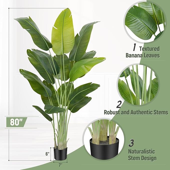 Lifelike Bird of Paradise Artificial Plant,6.6ft Faux Banana Leaf Tree with 15 Trunks - Perfect Indoor Silk Floor Plant for Home Decor in Living Room, Office, and Bedroom (Set of 2)
