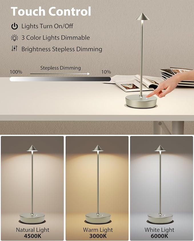 Cordless Table Lamps Rechargeable, 6000mAh Battery Operated LED Desk Lamp Outdoor Waterproof Portable Touch Dimmable Table Night Light for Patio Restaurant Dining Home Set of 2 Silver