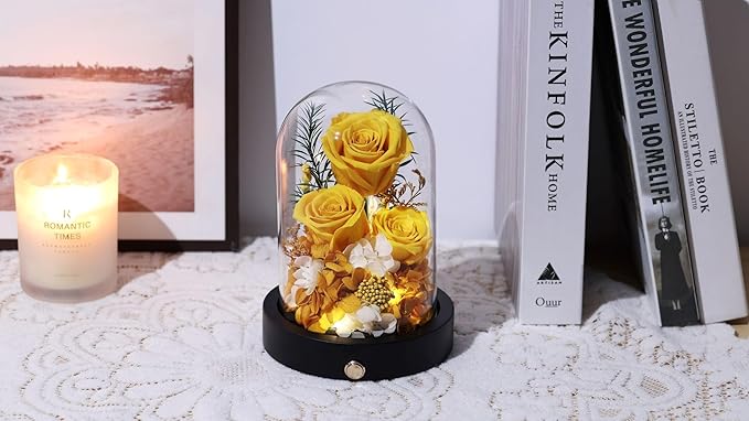 Preserved Flowers in Glass Dome with LED, Forever Yellow Roses for Delivery, Valentines Day Anniversary Birthday Mothers Day Flower Gifts for Mom Her Women Wife Mother