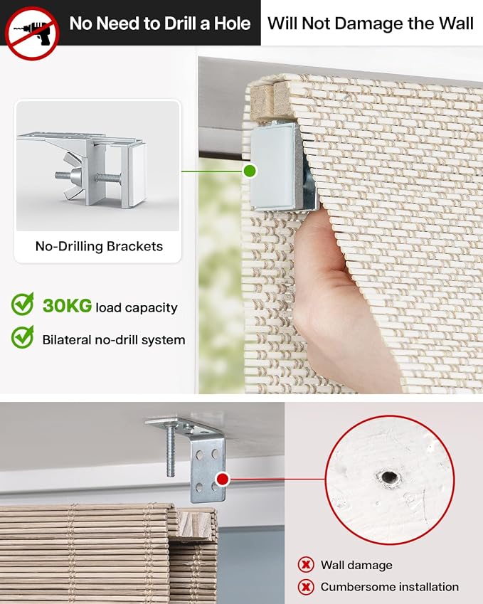 LazBlinds No Drill Cordless Bamboo Roman Shades, Light Filtering Blinds for Indoor Windows, Roll Up Bamboo Blinds for Home, 35" W x 64" H, Star-Off White