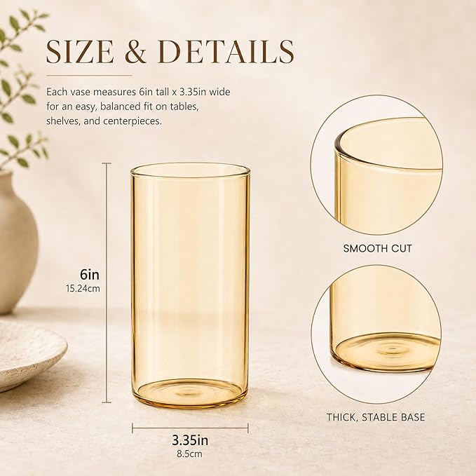 TBWIND 12pcs Gold Amber Glass Cylinder Vases for Centerpieces, 6 Inch Bulk Flower Vases for Wedding Decorations, Hurricane Candle Holder for Floating Candles and Table Home Decor