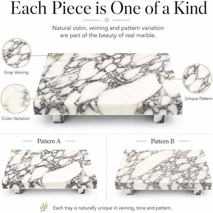 Marble Pedestal Tray for Perfume, Jewelry & Vanity Organizers | 9.84 in Calacatta Viola Stone Decorative Tray for Bathroom Counter Decor and Dresser Display
