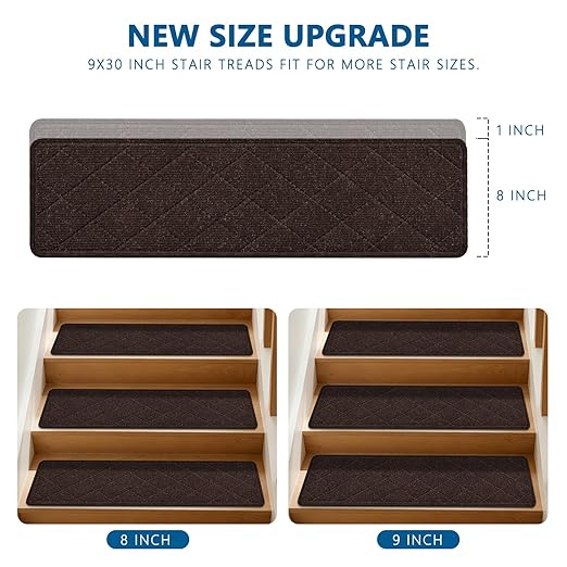 Stair Treads for Wooden Steps, 15 Pack 9" X 30" Non Slip Carpet Stair Treads Indoor with Reusable Adhesive for Kids Elders and Dogs, Surface Polyester TPR Backing Stair Runner Rugs, Brown