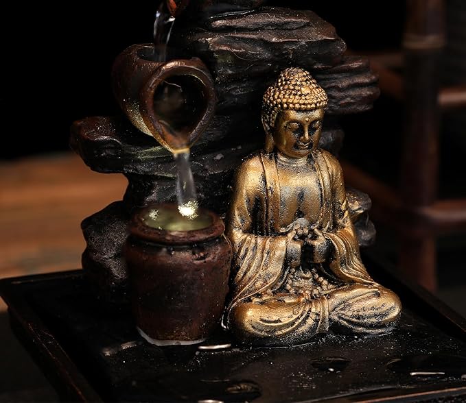 Tabletop Water Fountain Buddha Statue Desktop Indoor Waterfall Fountain Tabletop Humidifiers Home Decoration for Office, Living Room, or Bedroom