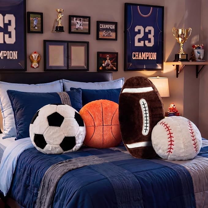 Juexica Sports Throw Pillows Fluffy Stuffed Soccer Basketball Baseball Pillow Plush Toy Sport Cushion for Room Decor Birthday Present(Medium,Assorted Color,4)