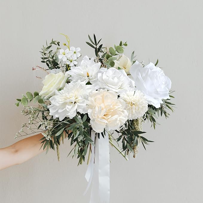 Artificial Flowers Combo Box, 35PCS Fake Flowers, Silk Flower Mix with Wire Stem, DIY Wedding Bridal Bouquet for Arrangement, Shower Party Home Décor, Ivory White Garden Mix