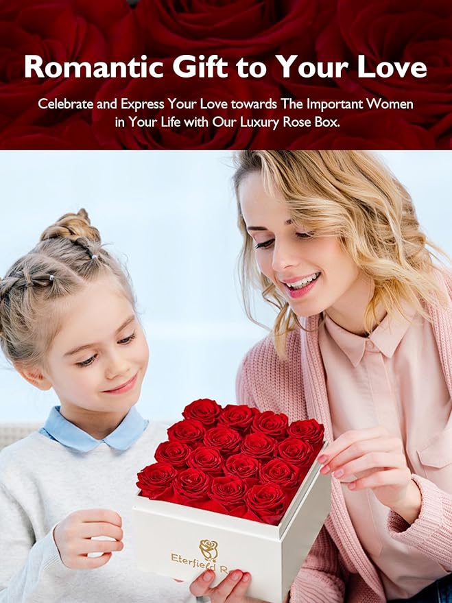 Eterfield Forever Flowers Preserved Roses Real Roses that Last Over a Year Rose Box Gifts for Her Mothers Day Valentines Day Christmas (Square White Box, 16 Red Roses)