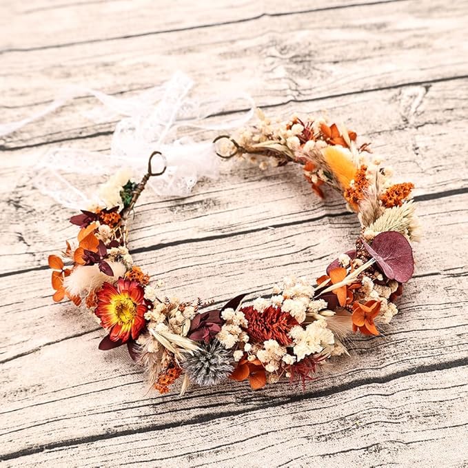Preserved Natural Dried Flower Crown, Rustic Wedding Wreath Headband, Burnt Orange Terracotta Cream Floral Hair Garland for Brides, Bridesmaids, Flower Girls