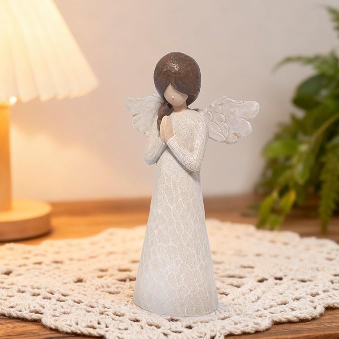 Hodao Christmas Angel Figurine, Praying Resin Figurines for Indoor Christmas Decorations, Wood‑Carved Style Tabletop Ornaments, 8.5in Tall, Holiday Home Decor & Gift for Women, Family, Friends