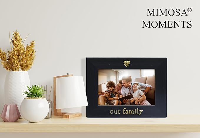 MIMOSA MOMENTS "Our Family Black 4x6 Picture Frame with Gold Heart Ornament, Tabletop Display, Family Photo Frame for Home Decor, Gift for Housewarming, Christmas, Home Keepsake