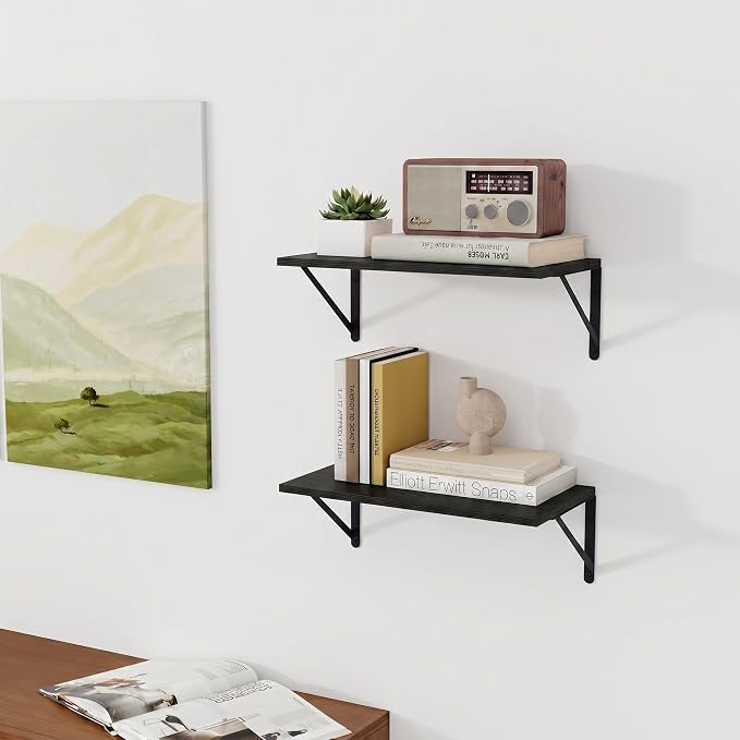 Vivelove Black Deep Floating Shelves for Wall, 16W x 8D Wood Wall Shelves Set of 3, Wide Floating Bookshelf for Living Room, Kitchen, Office, Bedroom and Decor Storage, with Metal Bracket - Black