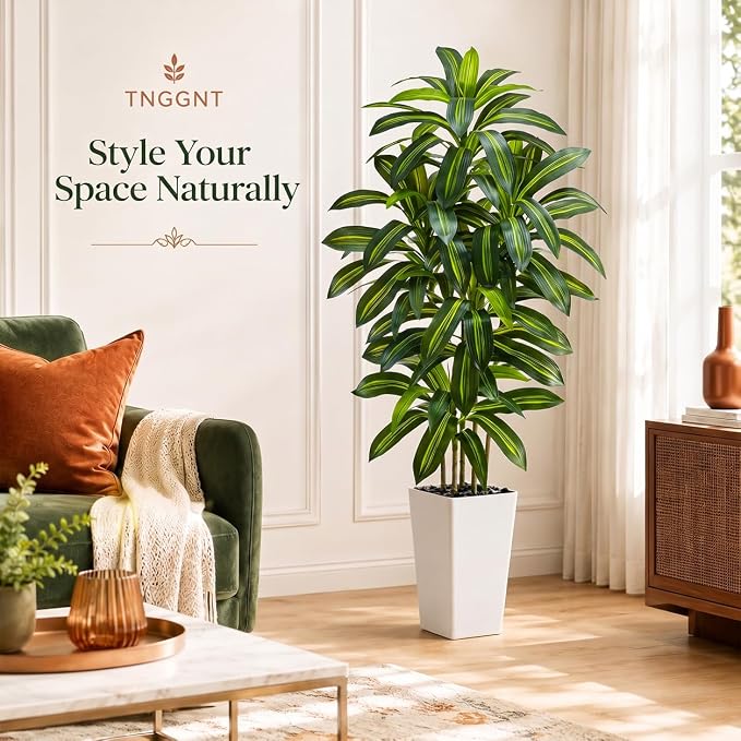 Artificial Dracaena Tree：5FT Faux Silk Tropical Yucca Floor Trees Realistic Fake Green Plant with Natural Wood Trunk & Lifelike Leaves for Home Office Decor Indoor & Outdoor (5FT,1-Pack,White)