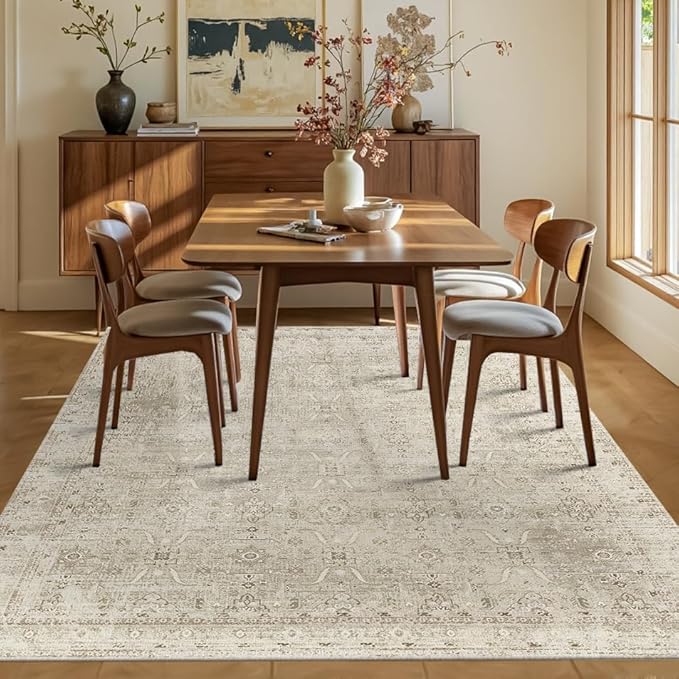 Rugxara 5x7 Area Rugs for Living Room Bedroom, Beige Washable Neutral Rug, Vintage Floral Retro Boho Non Slip & Low Pile Carpet for Dining Room, Classroom, Dorm, Nursery and Kids Room-Beige/Cream