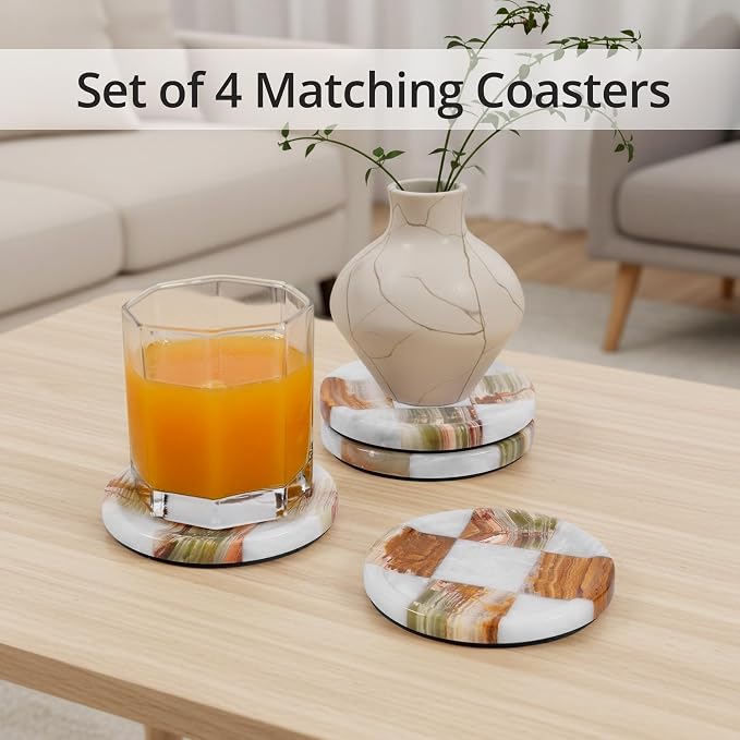 Marble Coasters Set of 4, White & Green Onyx Handmade 4 inch Round Stone Coaster, Decorative Cup Coaster Plates for Dining Table, Housewarming Gift & Luxury Kitchen Accessories