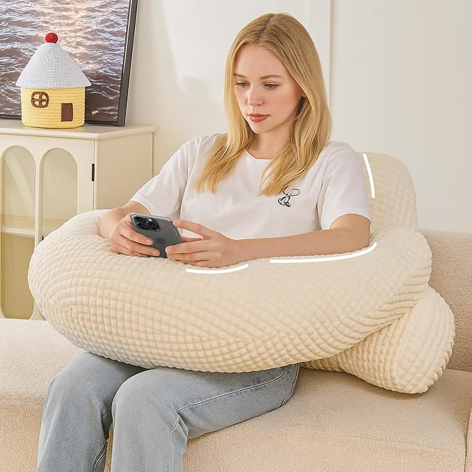 19" Reading Pillow for Bed,U Shaped Arm & Elbow Support,White Flannel | Backrest Supports Back,U shaped Lap Pillow Cushions Arms,Elbows & Wrists,Soft Flannel for Reading,Gaming,Watching TV