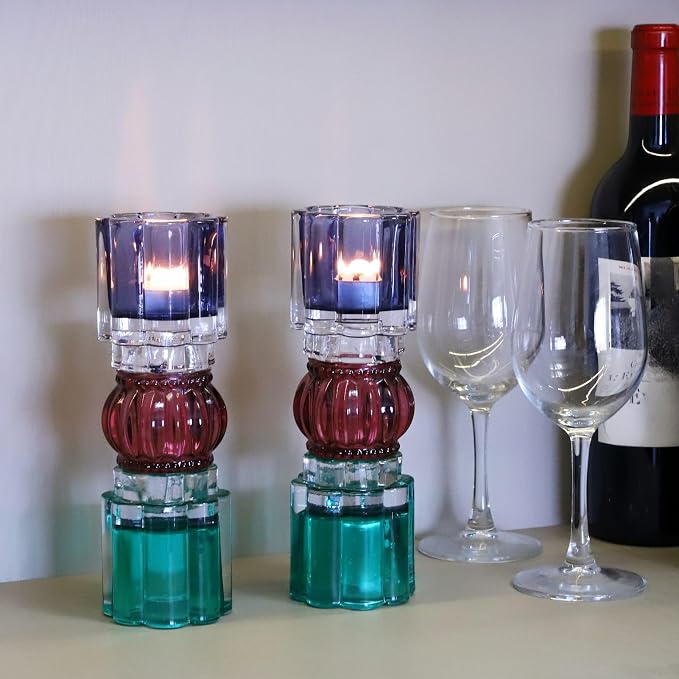 VOHO Tealight Candle Holder Jazzy Glass Mix, Modern Tall Votive Candle Holders for Home Decor, Pair of Fluted Tea Lights Candle Holder Centerpiece Table Decorations(7.87x2.75 in W/H, Shades of Blue)