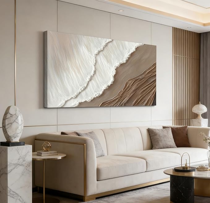 Kabcod 3D Textured Sand Beach Waves Wall Art Large Size White Brown Abstract Coastal Painting Artwork Ocean Wave Beach Landscape Oil Painting for Living Room Bedroom Decor 24X48in Ready To Hang