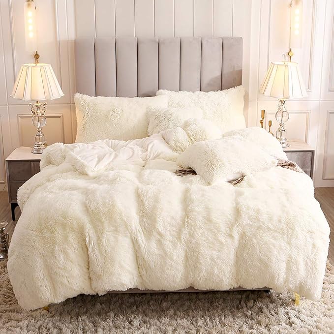 Faux Fur Velvet Fluffy Bedding Duvet Cover Set Down Comforter Quilt Cover with Pillow Sham, Ultra Soft Warm (Twin, Cream)