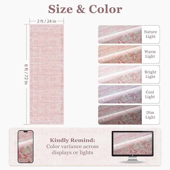 Pink Hallway Runner 2x6, Low Pile Aesthetic Bedside Runner for Bedroom Girls Kids Nursery Dorm, Kitchen Runner Rugs Non Skid Washable, Carpet Runners for Entryway/Foyer/Bedroom/Laundry Room