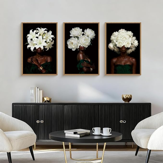 HPINUB Black Woman Framed Canvas Prints Wall Art Set, Abstract White Hydrangea Wall Decor, Vintage African American Girl Art Photos for Living Room, Bedroom, Dining Room, Office, Bathroom - 16"x24"x3