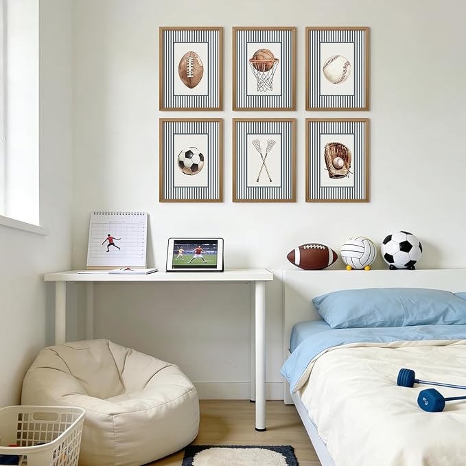 Sports Wall Art Decor Toddler Boys Room Canvas Prints Vintage Sports Nursery Wall Decor Baby Kids Poster Football Baseball Pictures Basketball Soccer Artwork for Children Bedroom 8x10x6 Inch Framed