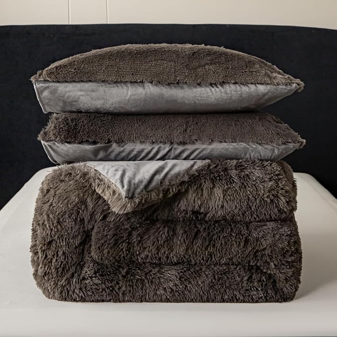 chovy Faux Fur Plush Gray Comforter Sets King - Ultra Soft Shaggy Flannel Velvet Fluffy Fuzzy 3PC Bedding Set (Comforter x 1 Pillowcases x 2)
