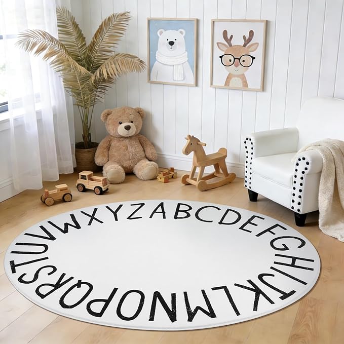 Topotdor Oval Kids Play Rug Alphabet Nursery Area Rug Extra Large Soft Crawling Play Mat for Children Toddlers Bedroom (47x70 inch, White)