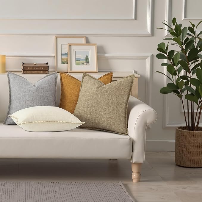 decorUhome Summer Decorative Throw Pillow Covers 12x20 Set of 2 Lumbar Faux Linen Farmhouse Pillow Covers with Stitched Edge Outdoor Neutral Pillow Covers for Couch Sofa Living Room, Khaki