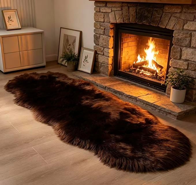 Faux Fur Sheepskin Runner Rug Coffee 2x6 ft Ultra Soft Shaggy Plush Fluffy Fuzzy Area Carpet Decorative Chair Cover Floor Mat for Bedroom Sofa Living Room Bedside