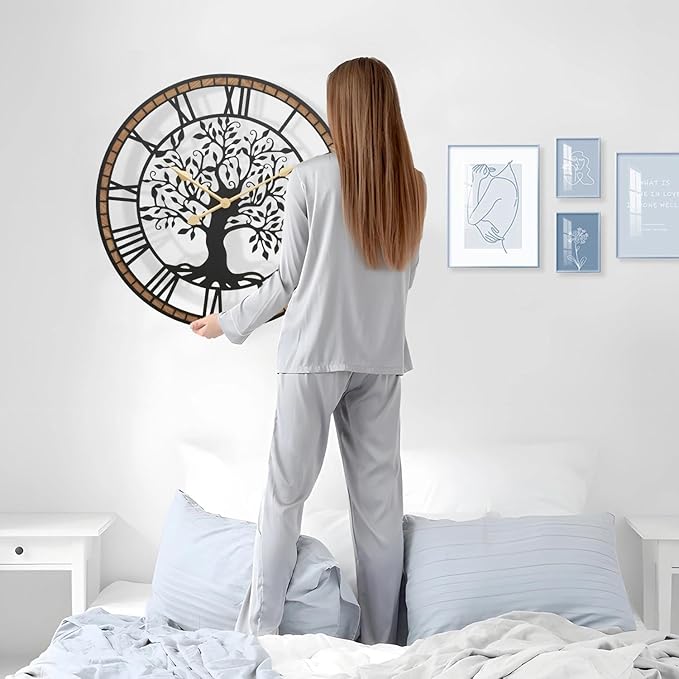 Micasso Vintage Large Wall Clock: 30Inch FarmhouseTree of Life Metal with Wood Frame - Rustic Battery Operated Wall Clocks for Office/Living Room/Bedroom/Kitchen - Home Decor for Housewife