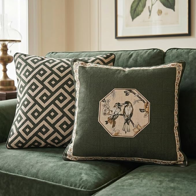 ISAENNE Vintage Linen Square Throw Pillow Cover,Set of 2,18"x18"-Murad E | Designer French Green Pillow Cover,Concealed Zipper Design,Floral and Bird Pattern,Sofa,Bedroom,Living Room,Lounge Chairs