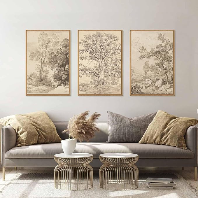 Large Vintage Sketchbook Framed Canvas Wall Art Set, Minimalist Tree Sketch Wall Decor, Neutral Botanical Wall Painting, Boho Nature Landscape Art Print Living Room, Bedroom, Office 16"x24"x3