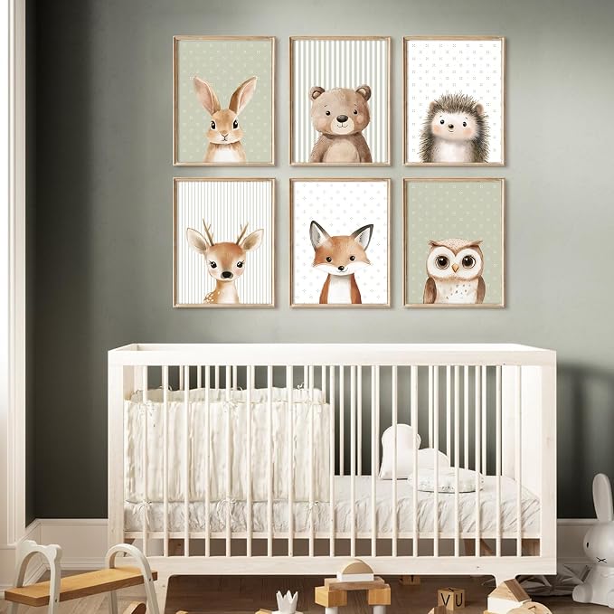 Woodland Animal Nursery Wall Art Decor Baby Kids Canvas Poster Safari Animal Wall Decor Jungle Forest Prints Bear Fox Deer Pictures Sage Green Painting Neutral Artwork for Bedroom 12x16 Inch Unframed
