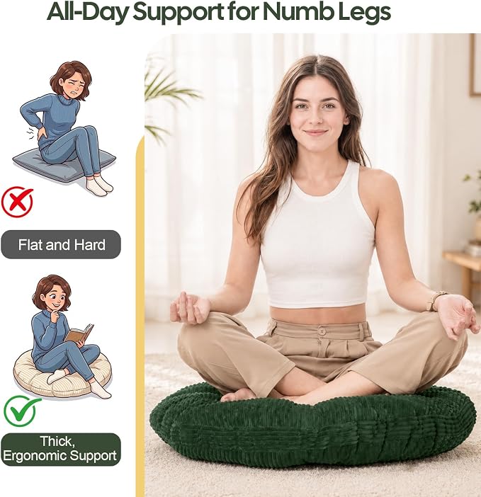 Meditation Cushion, 32 Inch Large Round Floor Pillow, Green | Soft Tufted Corduroy Meditation Pillow for Adults with Handle for Yoga, Cozy Meditation Mat for Reading and Tatami Seating