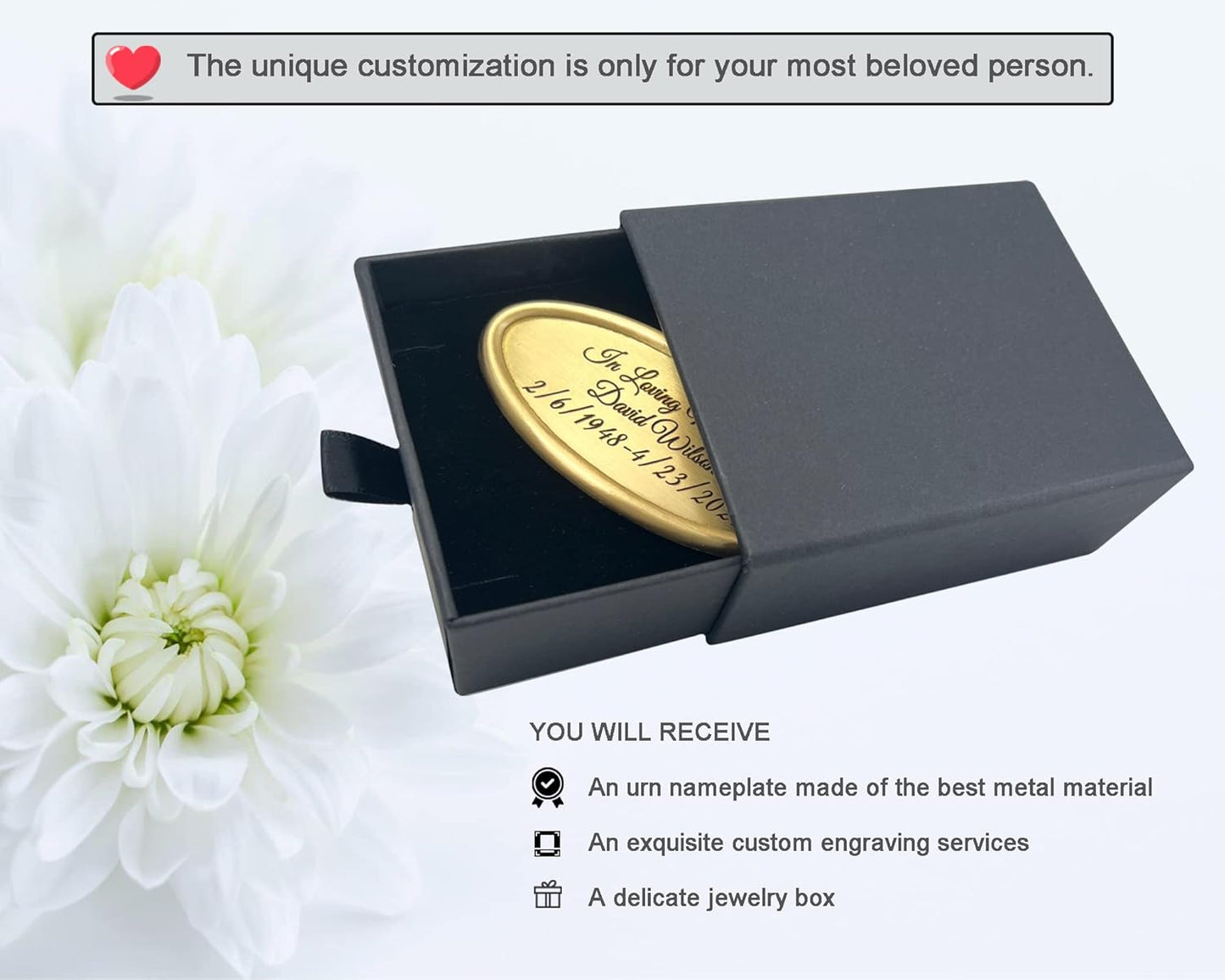 Personalized Engraved Name Tag for Urns - Customizable Plate for Cremation Urns - Engraved Hanging Plate in Golden or Silvery Tone with Satin Ribbon (Golden Pendant)