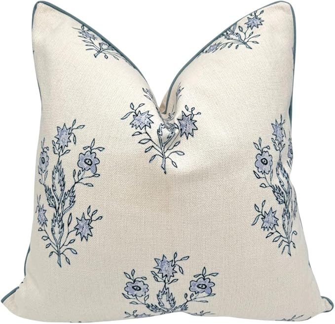 Jillien Harbor "The Mary Block Print Floral Decorative Pillow Cover – Double-Sided Blue & White Periwinkle Accent Pillow Cover – Grandmillennial Home Decor – 26"x26"