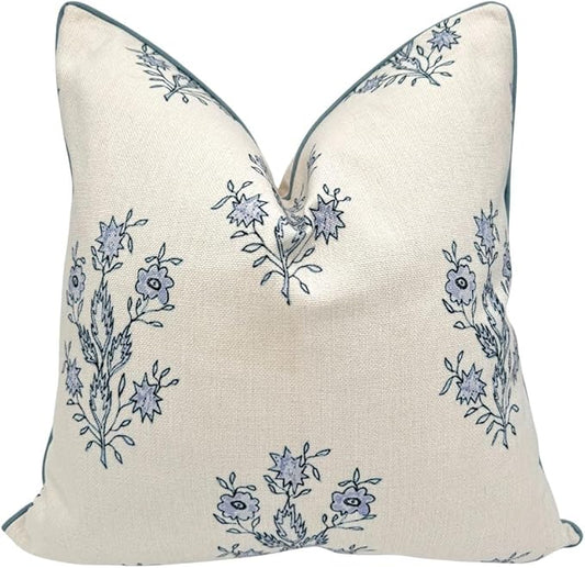 Jillien Harbor "The Mary Block Print Floral Decorative Pillow Cover – Double-Sided Blue & White Periwinkle Accent Pillow Cover – Grandmillennial Home Decor – 26"x26"