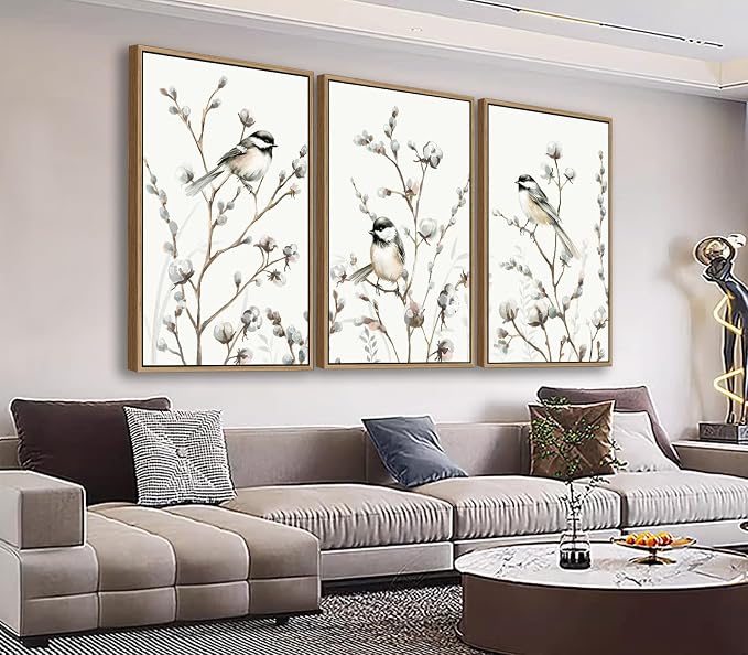 Large Bird Wall Art for Living Room Natural Wood Float Framed Art Set of 3 Tropical Plant Pictures Boho Artwork White Flowers Canvas Prints for Bedroom Kitchen Home Office Wall Decor 20"X28"X3