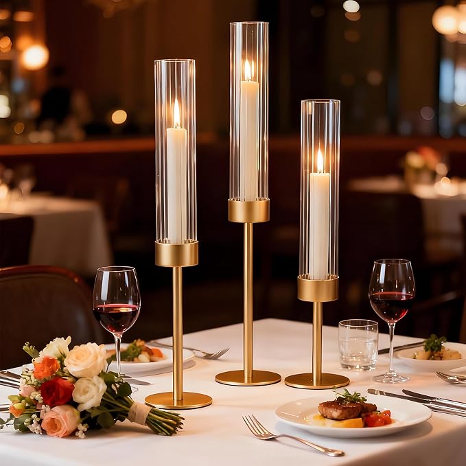 Garvee Gold Hurricane Candle Holders Set of 6, Taper Candlestick Holders with Ribbed Glass Cylinder Sleeves, Elegant Table Centerpiece for Wedding, Birthday, Christmas, Home Decor