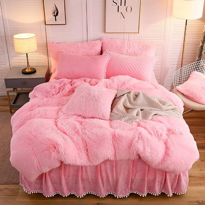 LIFEREVO Luxury Plush Shaggy Duvet Cover Set, Ultra Soft Velvet Fluffy Furry Duvet Cover Set(1 Faux Fur Fuzzy Comforter Cover + 2 Pom Poms Pillow Cases) Solid Bedding Set, Zipper Closure(King, Pink)