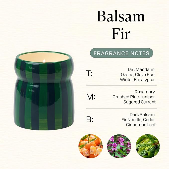 Paddywax Cabana Hand-Painted Scented Candle with Lid in Ceramic Reusable Jar, Clean-Burn Soy Candle, Balsam Fir Scent, Approx. 42 Hour Burn Time, 6.5 oz