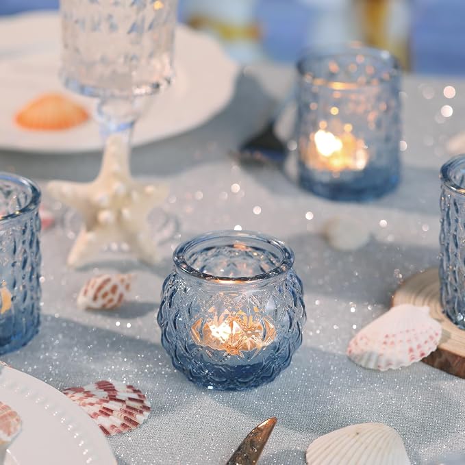 DARJEN Blue Votive Candle Holders Set of 24- Round Candle Holders Bulk, Glass Candle Holder for Vintage Decoration, Tea Lights Candle Holders for Wedding Shower, Party & Gift