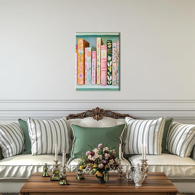 Book Wall Art Vintage Flower Books Canvas Wall Decor Pastel Bookshelf Artwork Painting Pictures Colorful Book Stack Posters Prints for Living Room Bedroom Reading Nook 12x16 Inch Framed